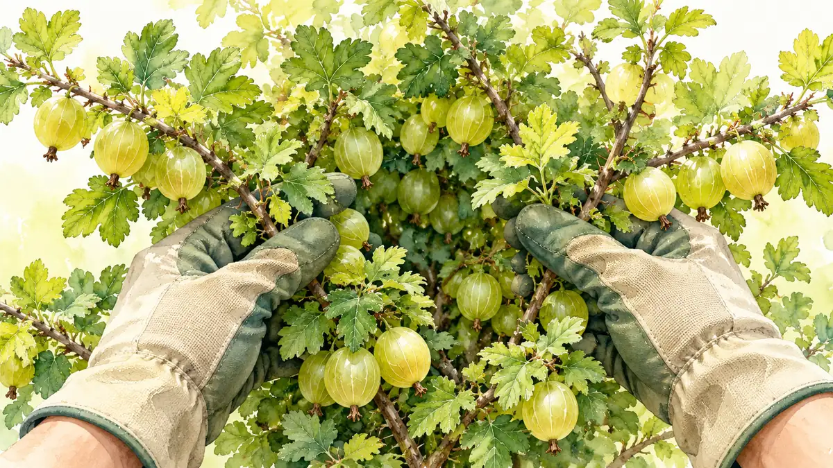 Осмотр ягод крыжовника снаружи и внутри загущённого куста