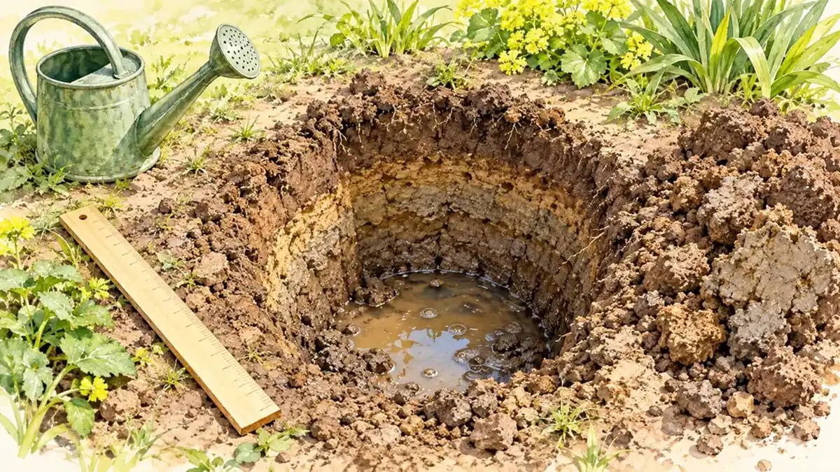 Проверка впитывания воды в пробной лунке на глинистой почве